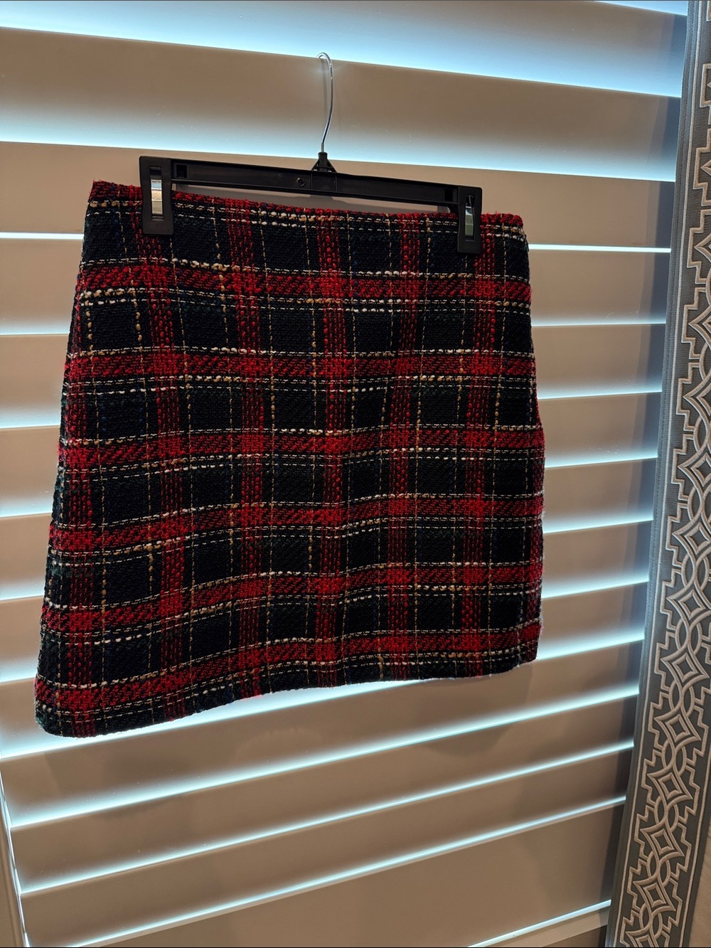 LOFT Red and Black Plaid Tweed Mini Skirt